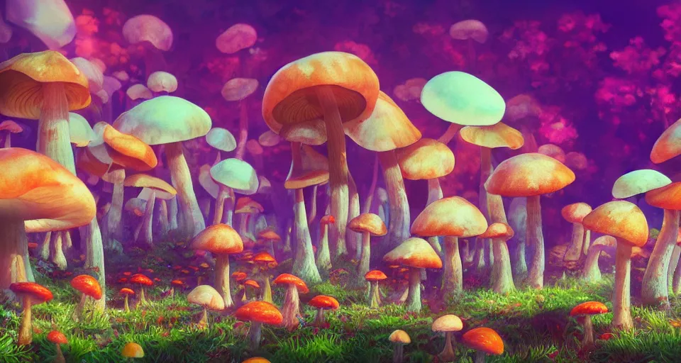 Prompt: a beautiful painting of psychedelic mushrooms by studio ghibli, gigantic, octane render, brilliantly coloured, intricate, ultra wide angle, trending on artstation, dusk, volumetric lighting, polished, micro details, ray tracing, 8k