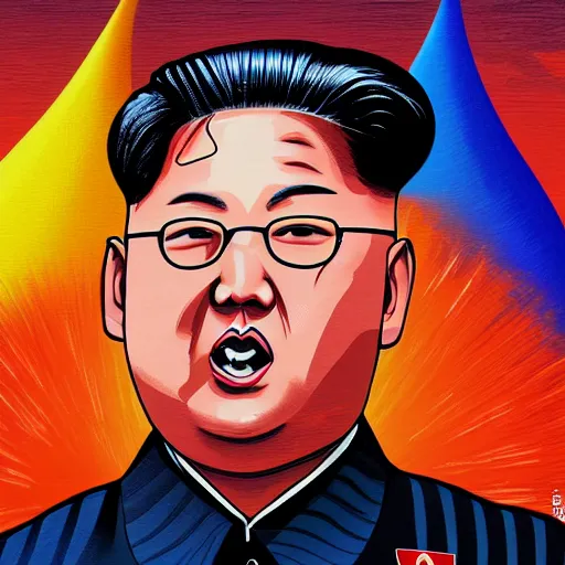 Image similar to Kim Jong-Un riding a nuclear rocket, detailed face, high resolution, illustration, art