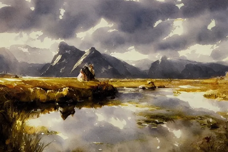 Prompt: watercolor painting of small cold river, pond, reflections, tall mountains and clouds, mythological art by hans gude, romance art by hans dahl, by jesper ejsing, art by anders zorn, wonderful masterpiece by greg rutkowski, cinematic light, american romanticism by greg manchess, creation by tyler edlin