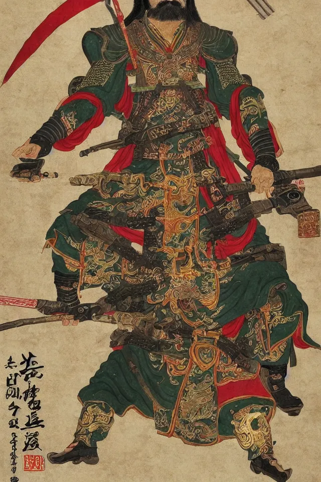 Image similar to a portrait of guan yu with a m 1 6 a 1, in the art style of han - era art, three kingdoms artsyle, artistic, highly detailed 4 k