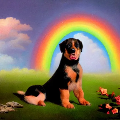 Image similar to a puppy sitting in front of a rainbow that extends to the clouds in heaven, digital art by Gil Elvgren