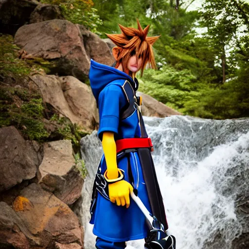 Image similar to kingdom hearts sora cosplay near waterfall close up low angle 85mm