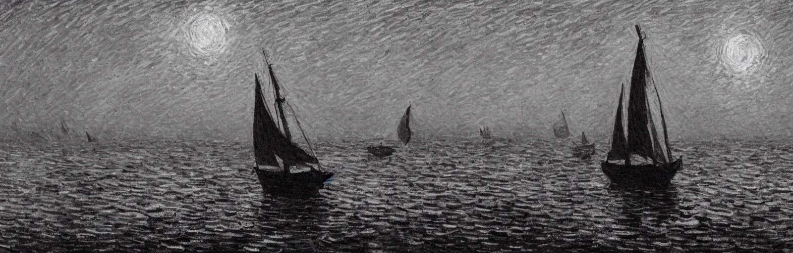 Image similar to An aesthetically pleasing, dynamic, energetic, lively, well-designed digital art of a sailboat on the ocean at night in a low mist, light and shadow, chiaroscuro, by Claude Monet and Vincent Van Gogh, superior quality, masterpiece, excellent use of negative space. 8K, superior detail.