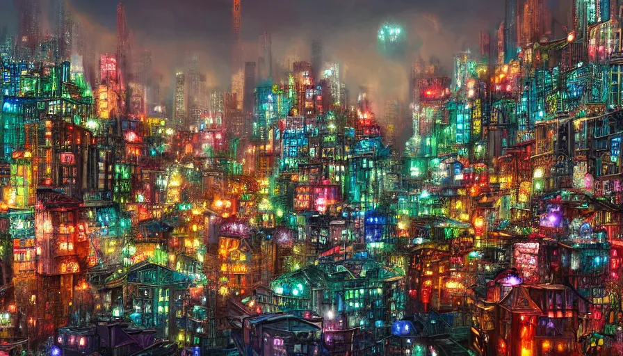Prompt: a gritty cityscape made of sapphires, emeralds, and rubies, matte art, 4k