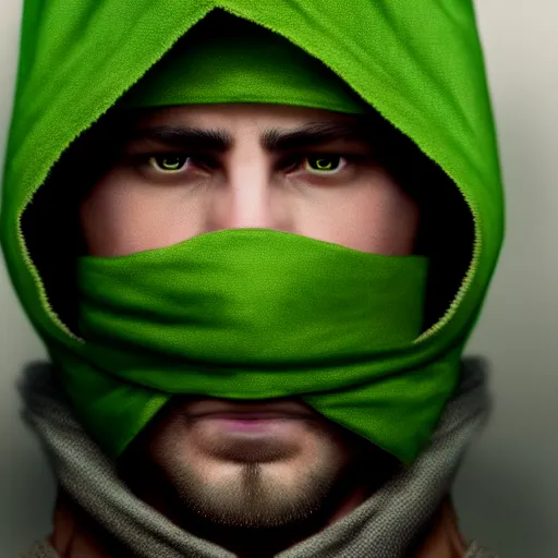 Image similar to portrait of a chad programmer with green hood by greg rutkowski, 4 k, close up