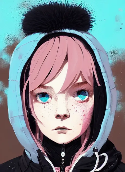 Image similar to highly detailed portrait of a street punk lady student, blue eyes, bubble jacket, hat, white hair by atey ghailan, by greg rutkowski, by greg tocchini, by james gilleard, by joe fenton, by kaethe butcher, gradient pink, black, brown and light blue color scheme, grunge aesthetic!!! ( ( graffiti tag wall background ) )