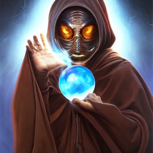 Image similar to masked nomad male wearing a cloak on an alien world and holding a holographic planet projection in his hand, detailed, sci - fi, digital painting, artstation, sharp focus, illustration, ominous, artgerm, tomasz alen kopera, peter mohrbacher, donato giancola, joseph christian leyendecker, wlop, frank frazetta