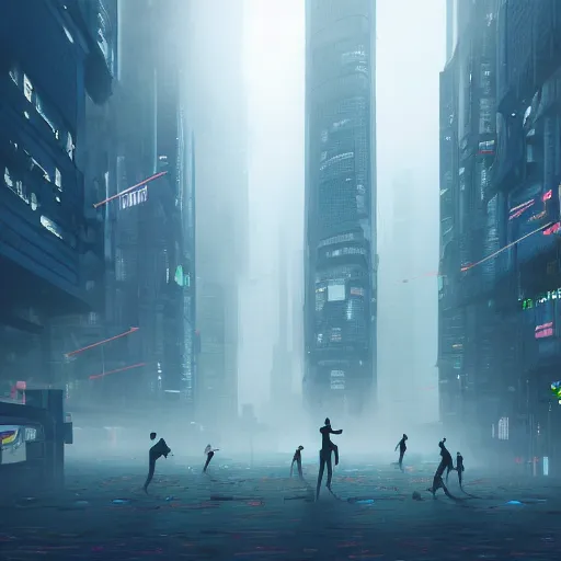 Prompt: tiny cyborgs dance in a layer of golden knee-deep fog between the skyscrapers of a cyberpunk city of the near future