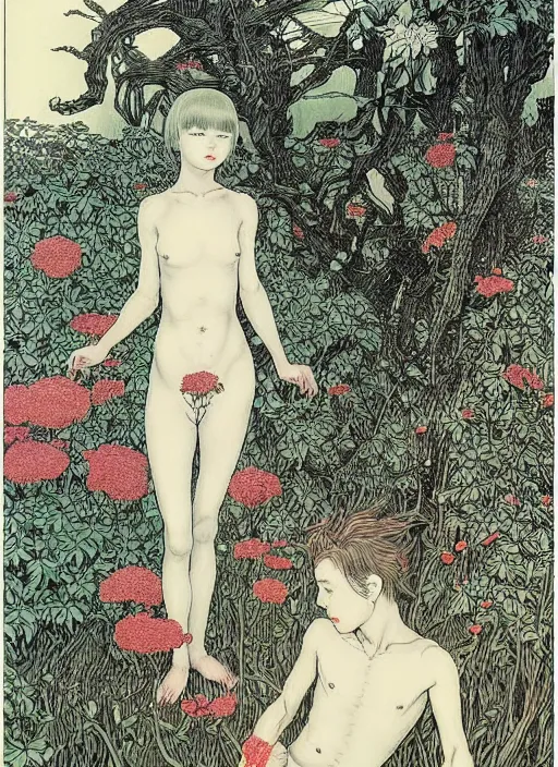 Image similar to boy and girl and a goat in a secret garden, by Vania Zouravliov and Takato Yamamoto, high resolution