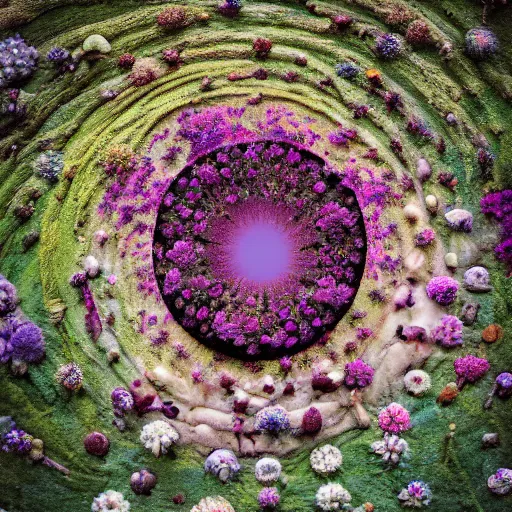 Image similar to A picture of a planet of various flowers, fungus and plants, Bonsai , in which the human figure is dressed in something magical and impressive, inside the picture is infinity, muted light, BotanicalAtmospheric phenomenon, artistic photography, muted colors, conceptual, Kodachrome