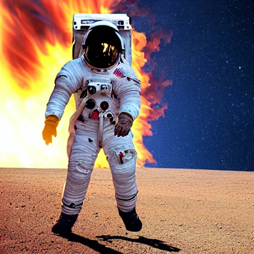Prompt: an astronaut that’s on fire walking through a dystopian desert