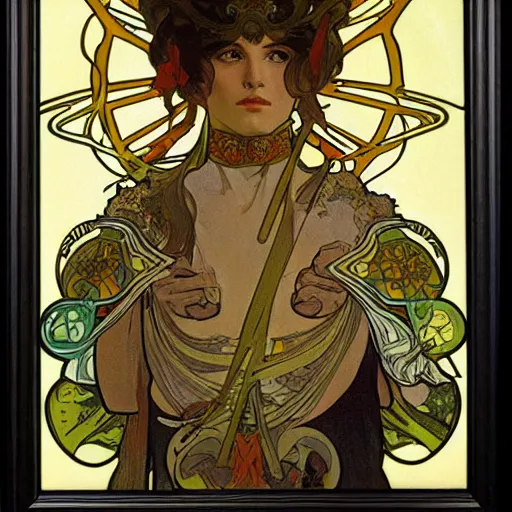 Prompt: legendary warrior, painted by alphonse mucha