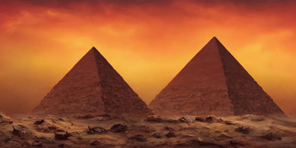 Prompt: an oil painting of a pyramid in in a post apocalyptic desert and a dark red sun, fantasy,hyper realistic, atmospheric lighting, cinematic, 8k,