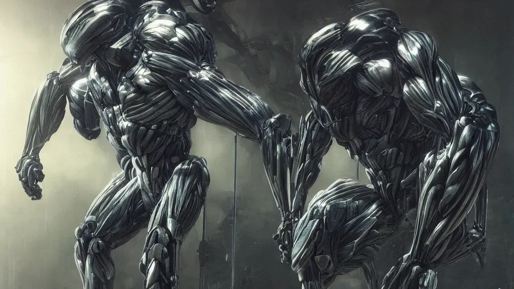 Image similar to crysis nanosuit with powerful biological muscle augmentation, at dusk, painted by tsutomu nihei, painted by artgerm and greg rutkowski