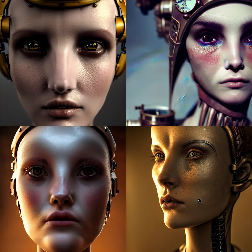 Image similar to Portrait of a beautiful steampunk female android, cracked porcelain face, steam, exposed inner gears, soulful eyes, high detail, realistic octane render