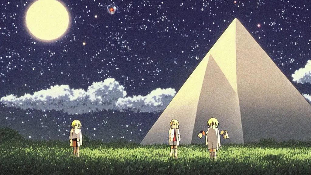 Prompt: a movie still from a studio ghibli film showing a floating large white pyramid with a gold gapstone, a grey alien, and a ufo on a misty and starry night. by studio ghibli