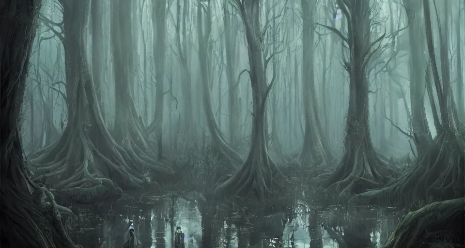 Prompt: A dense and dark enchanted forest with a swamp, by Charlie bowater