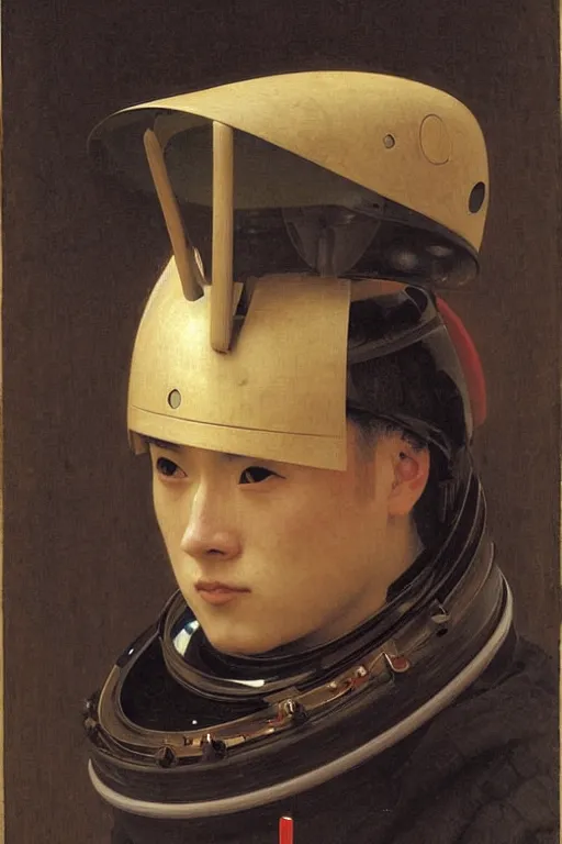 Image similar to portrait of a astronaut in samurai helmets, by bouguereau