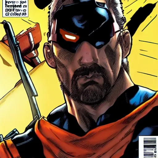 Image similar to gordon freeman as a superhero on a dark intense cinematic marvel comics cover