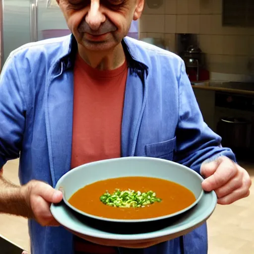 Prompt: mr bean preparing a small bowl of bean soup