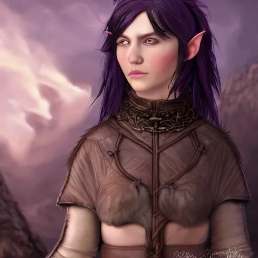 Image similar to anya charlota as a medieval fantasy tolkien elf, dark purplish hair tucked behind ears, wearing leather with a fur lined collar, wide, muscular build, scar across the nose, one black, scaled arm, cinematic, character art, digital art, realistic. 8 k, detailed.