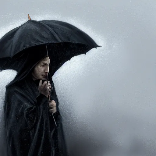 Prompt: epic portrait an depressed hooded man wearing a black jumper and holding an umbrella during rain, depressing, sad, digital painting, artstation, concept art, soft light, hdri, smooth, sharp focus, illustration, fantasy, intricate, elegant, highly detailed, D&D, matte painting, in the style of Greg Rutkowski and Alphonse Mucha and artemisia, 8k, highly detailed, jurgens, rutkowski, bouguereau, pastoral, rustic, georgic, detailed concept art, illustration, colorful pastel, painting, detail, ultra detailed, digital art, 4K,