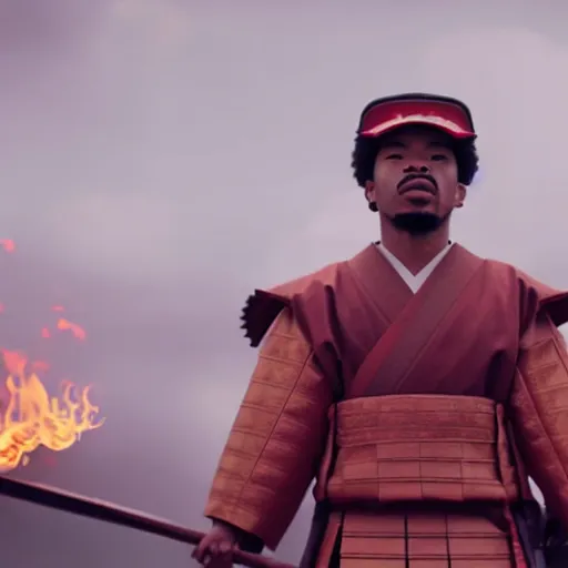 Image similar to cinematic film still of Chance The Rapper starring as a Samurai holding fire, Japanese CGI, VFX, 2022, 40mm lens, shallow depth of field, film photography