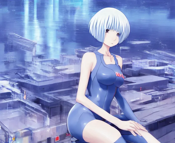 Image similar to anime art, fullbody shot of female rei ayanami, evangelion, long blue hair and large eyes, finely detailed perfect face, in a pale skintight plugsuit, sitting on rooftop, flooded city, trending on pixiv fanbox, by ilya kuvshinov, sola digital arts,, raytracing