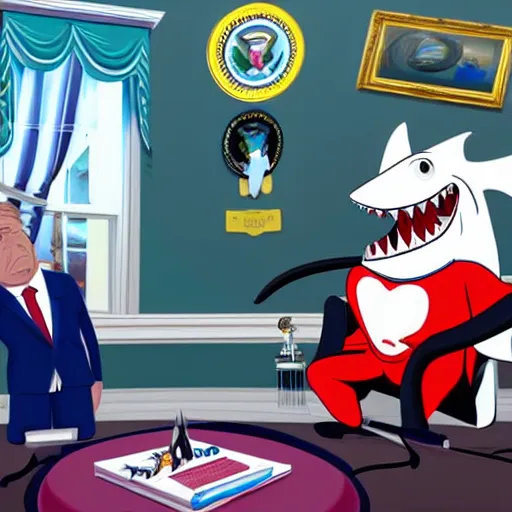 Image similar to cartoon shark having dental work in the dentist chair by president trump in the Oval Office