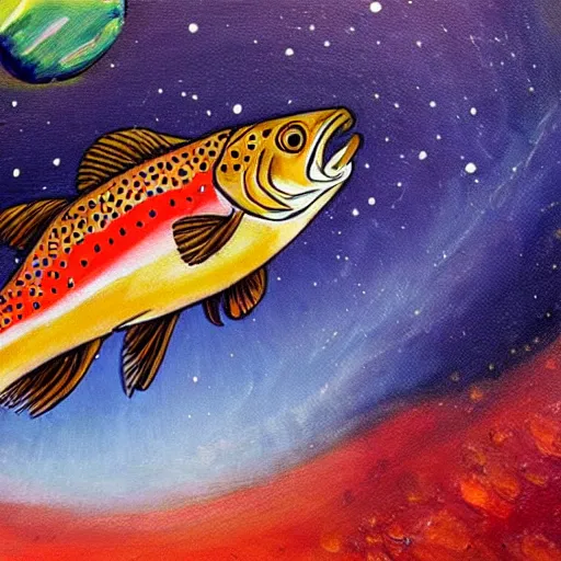 Prompt: a painting of a trout swimming in outer space