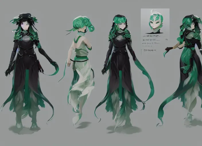 Prompt: character sheet for a beautiful and cute girl for genshin impact by greg rutkowski, black to light green fade hair, genshin impact style, sorcerer magic witch, digital art, trending on artstation, hd, 8 k, highly detailed, good lighting, beautiful, masterpiece