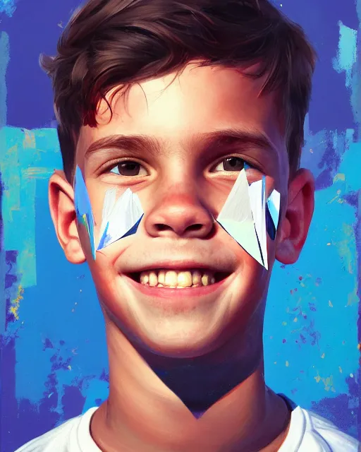 Prompt: painting, of smiling boy, shards of time, face portrait, centered portrait, medium full shot, illustration, highly detailed, simple, no jagged lines, smooth, artstation, artwork by obey, artwork by sandra chevrier