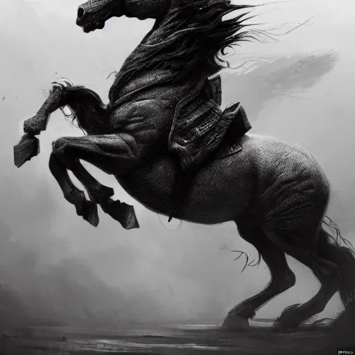Prompt: a chess piece comes alive, the horse jumps over the wooden chessboard, fantasy art, in the style of greg rutkowski, illustration, epic, fantasy, intricate, hyper detailed, artstation, concept art, smooth, black and white, sharp focus, ray tracing