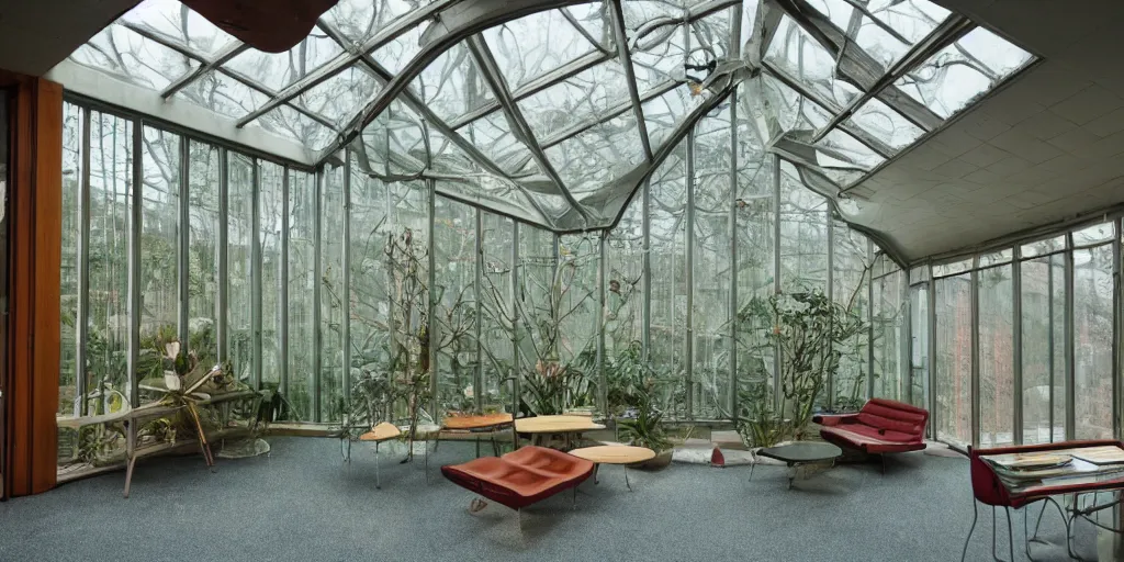 Prompt: interior of a mid - century modern green house library, snowing outside