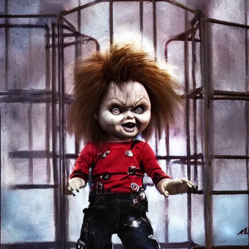 Image similar to the doll chucky in the middle of a cage fighting with doll annabelle, epic mma fight, dramatic poses, dolls are in motion, disneyland as backdrop, oil painting, by greg rutkowski