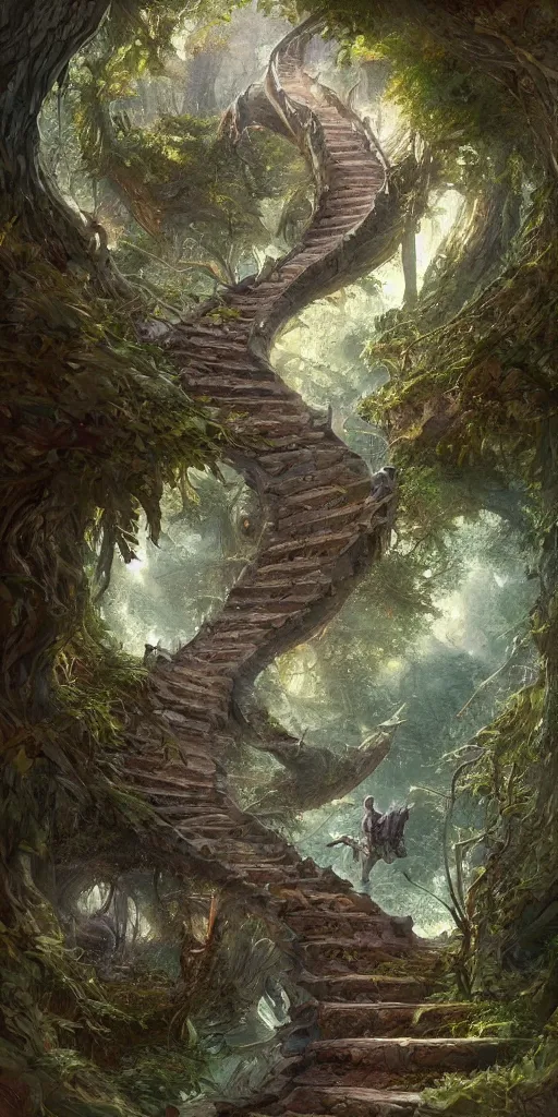 Image similar to a man walking up a steep and winding staircase, in magical woods, intricate, elegant, highly detailed, fantasy digital painting, artstation, concept art, sharp focus, beautiful illustration, by justin gerard and artgerm, 8 k