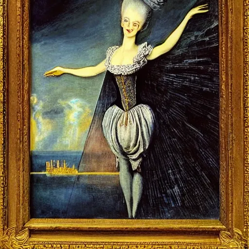 Prompt: Marie Antoinette levitating over the waters. By El Greco, Remedios Varo, Salvador Dali, Carl Gustav Carus, John Atkinson Grimshaw.