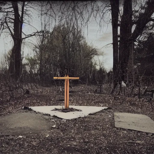 Prompt: occult sacrifice site in an abandoned school playground, dark and scary lighting, real photo taken with Polaroid camera