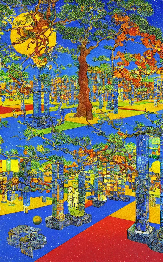 Prompt: park in fukuoka. cubes and prisms. retro art by jean giraud and van gogh.