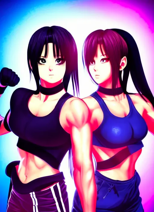 Prompt: two beautiful female fighters facing each other, black tops, dim lighting, gorgeous features, smooth, detailed anime art