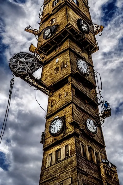 Image similar to the impossible clock tower on the top of a mountain, steampunk art