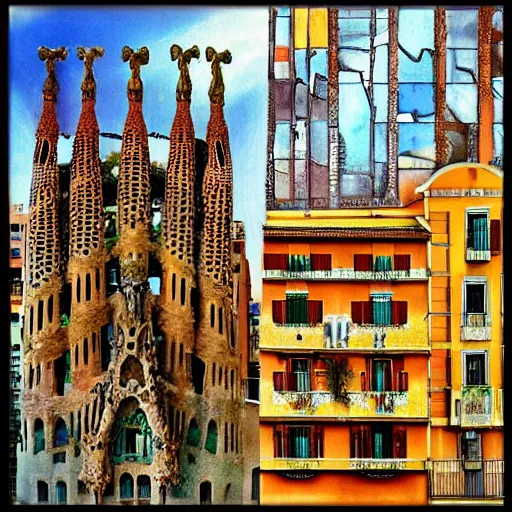 Image similar to “a city block full of buildings by antoni gaudi in Barcelona, made entirely out of bones, painting by Salvador Dali”