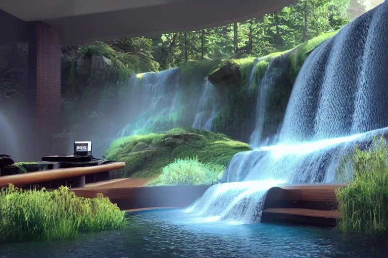 Prompt: a computer at desk, waterfalls, octane render, vray, dynamic lighting,