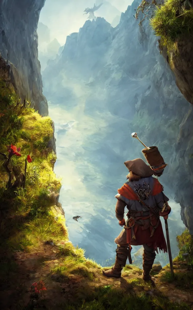 Image similar to an oil art painting of young handsome fool adventurer with hobo stick bindle rucksack, grim gwent card, gipsy mage adventurer character design from inquisition, climbing up a cliffside, 4 k, ultra detail, volumetric lighting, unreal engine, octane render