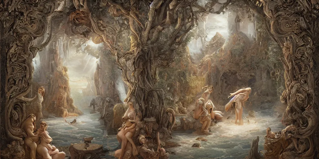 Image similar to a stunning and noble highly detailed romantic period style painting of the place where gods come into being by james jean, josep tapiro baro and harles sillem lidderdale, trending on artstation, oil painting masterpiece, symmetry, rule of thirds, mysterious