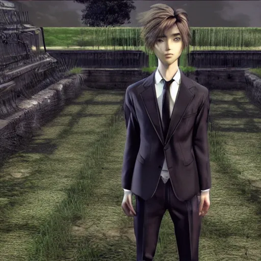 Image similar to a handsome young man in a in a magical field, detailed face, wearing a black suit, piercing gaze, final fantasy cutscene, in the style of Yoshitaka Amano, moonray render, ray tracing —H 640