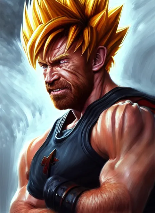 Image similar to portrait of aggressive chuck norris going super saiyan, d & d, muscular! storm! fantasy, intricate, elegant, highly detailed, digital painting, artstation, concept art, smooth, sharp focus, illustration, art by artgerm and greg rutkowski and alphonse mucha