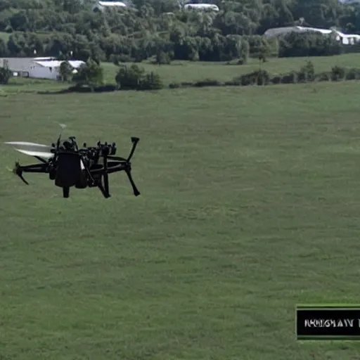 Prompt: military drone view of epstein chasing kids through a field