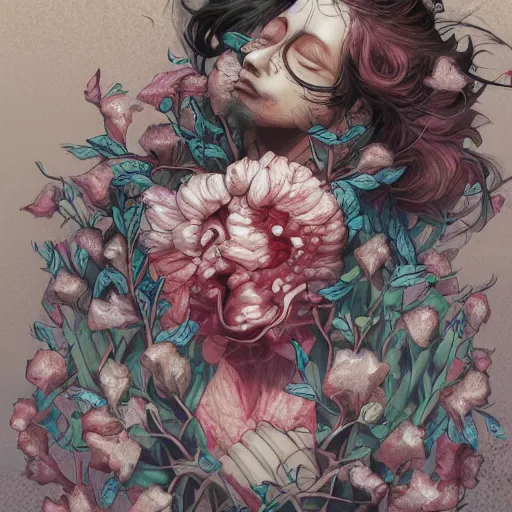 Prompt: hanahaki, medical imagery of flowers growing in the lungs, digital artwork by ayami kojima, trending on artstation, detailed, high quality, high resolution, wallpaper, hd