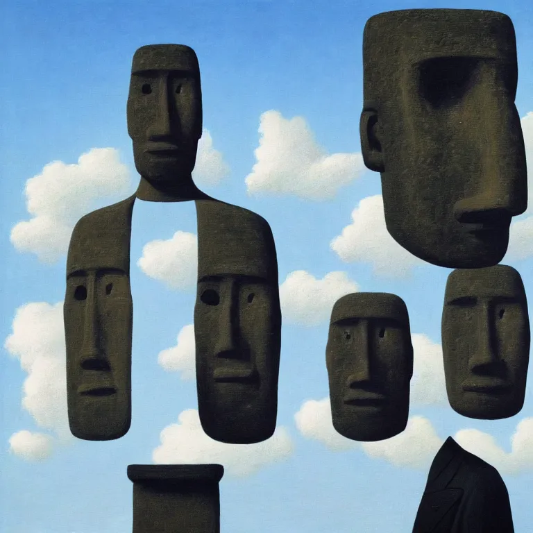 Image similar to portrait of a faceless moai - head man in a suit, clouds in the background, by rene magritte, detailed painting, distance, middle centered, hd, hq, high resolution, high detail, 4 k, 8 k